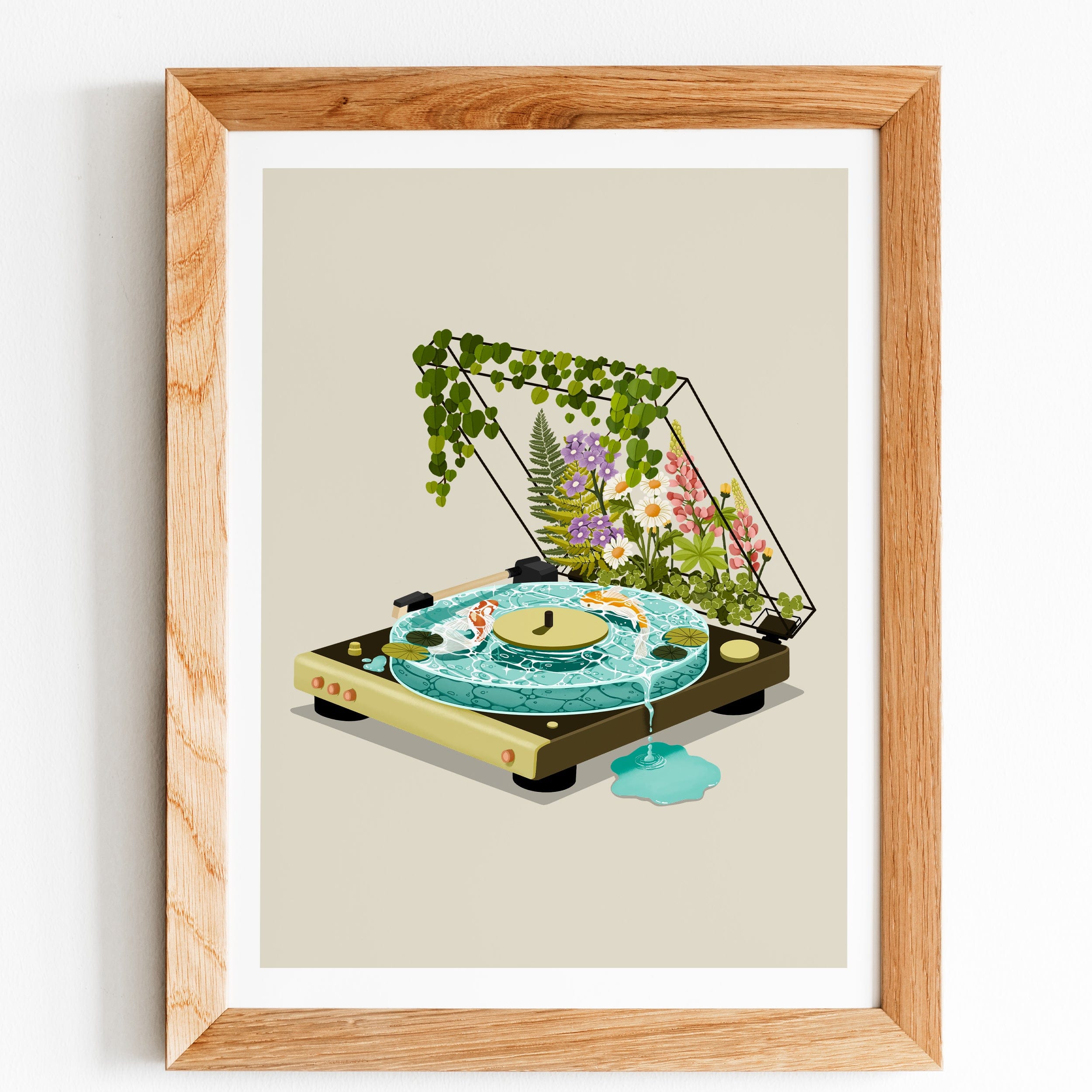 record player koi pond art print