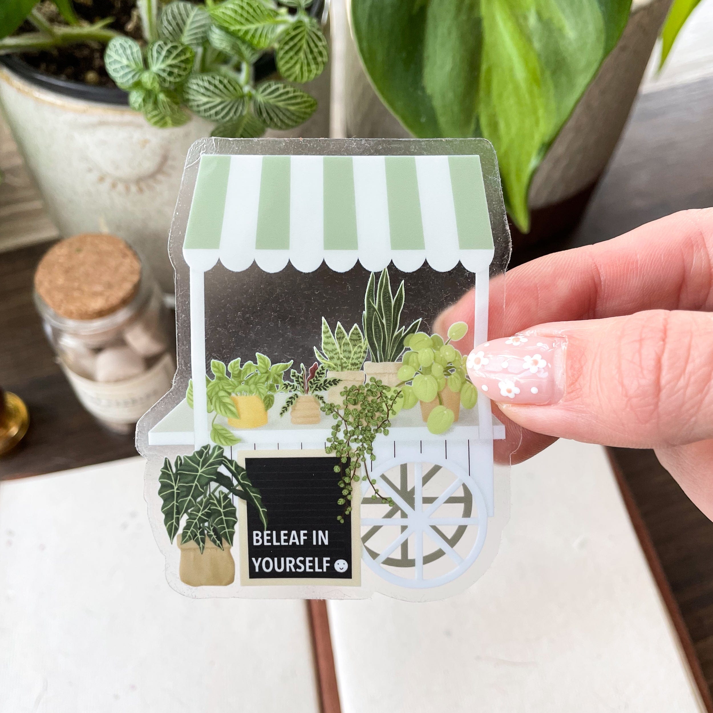 beleaf in yourself sticker with backing off