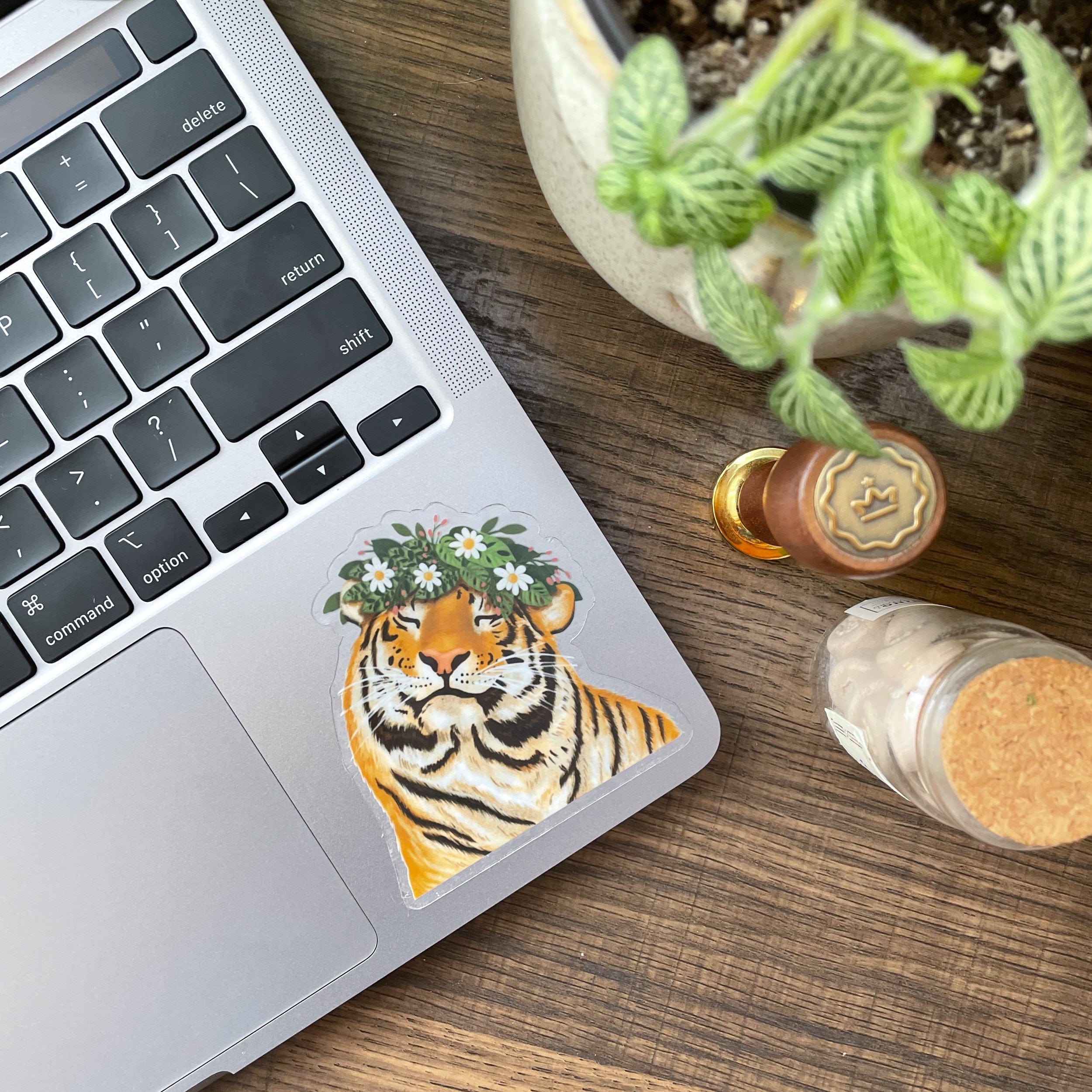 smiley tiger clear sticker on laptop